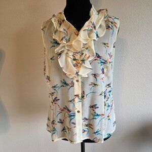 Tahari Arthu Levine Blouse Top Hummingbirds Ruffles Sheer Button Size Petite S